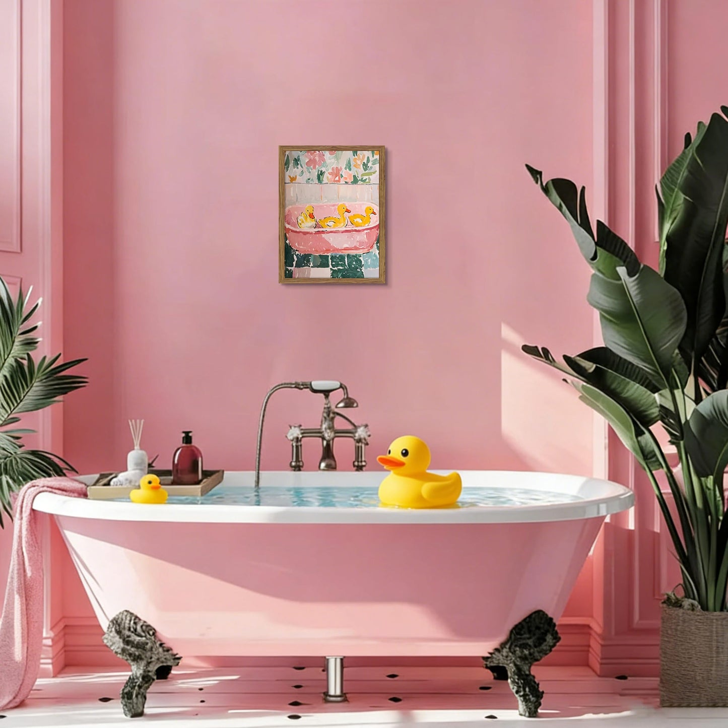 Framed Funny Bathroom Wall Art Decor, Yellow Duck in Pink Bathtub Canvas Wall Decor Painting, Cute Whimsical Animal Poster Print Picture for Girls Bathroom Nursery 12x16 Inch