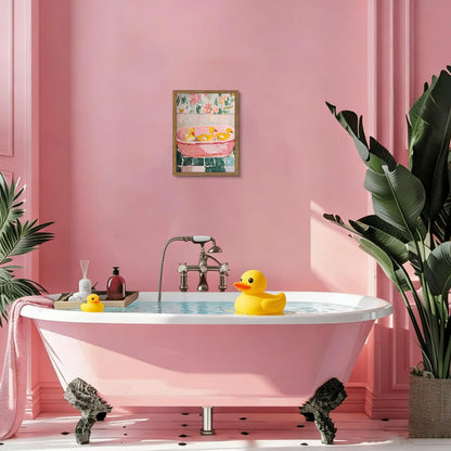 Framed Funny Bathroom Wall Art Decor, Yellow Duck in Pink Bathtub Canvas Wall Decor Painting, Cute Whimsical Animal Poster Print Picture for Girls Bathroom Nursery 12x16 Inch