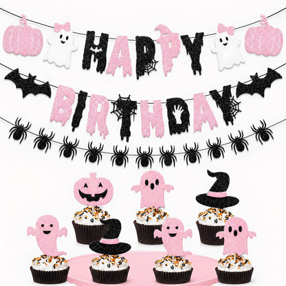 Pink Black Halloween Birthday Decorations, Cute Spooky Happy Birthday Banner with Ghost Pumpkin Bat Spider Garland, Halloween Party Supplies with Cake Toppers for Girls Birthday Party