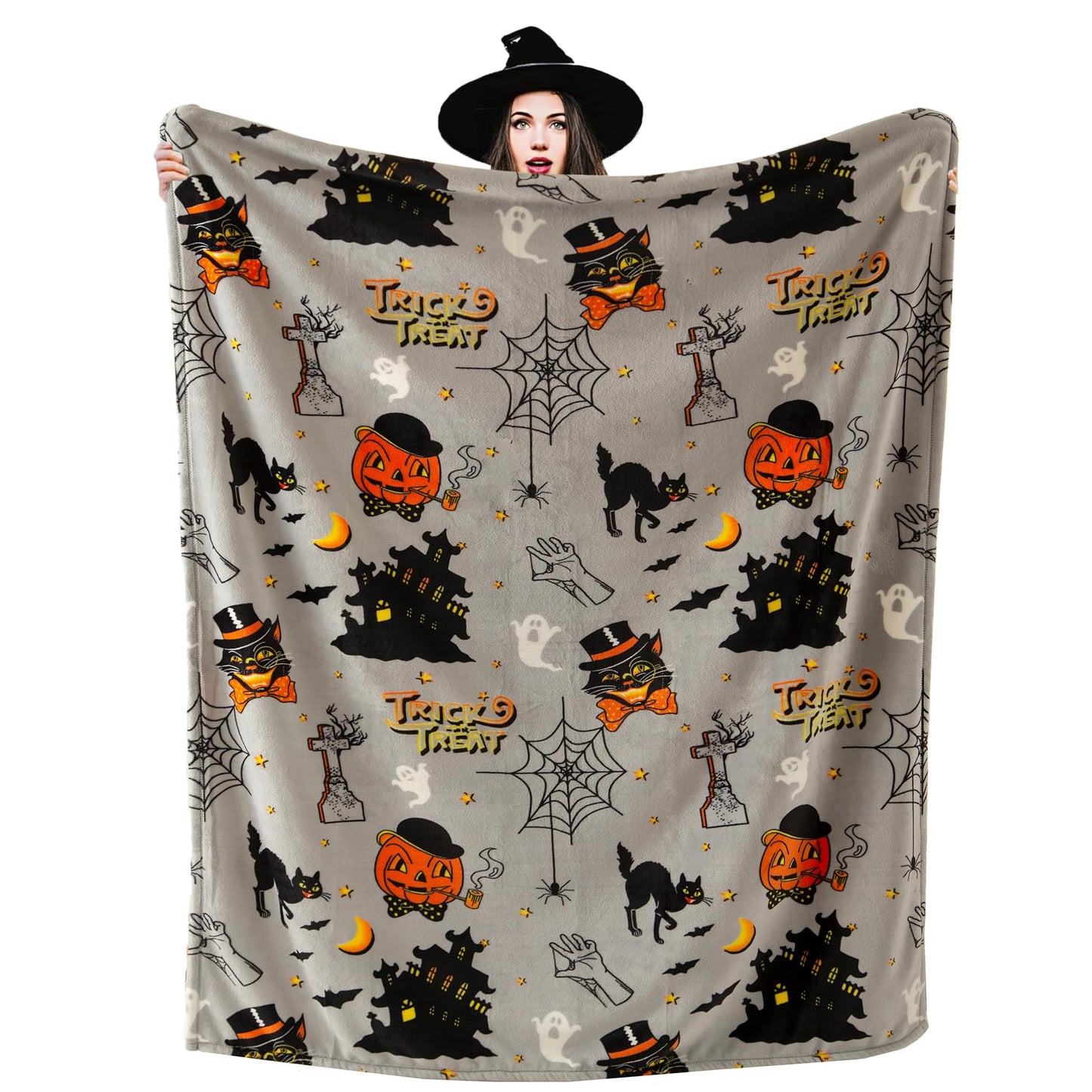 Pumpkin Halloween Throw Blanket 50” x 70” Reversible Castle Cat Bat Print Fleece Throw Blanket, 320 GSM Surper Soft Warm Cozy Blanket for Couch Sofa, Halloween Harvest Gifts and Orange Home Decor