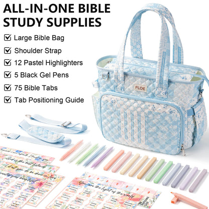 Large Bible Bag for Women Bible Cover Case, Quilted Puffer Bible Tote Bag Church Bag w/Shoulder Strap, Bible Study Supplies Journaling Kit Accessories Pen Tabs, Christmas Christian Gifts for Women Mom