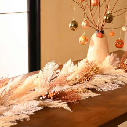 DecorbyHannah Fall Garland for Mantle with Lights, 6ft Pre-Lit Light Up Artificial Faux Pampas Grass Garland with Pine Branch Berry Thanksgiving Decor for Indoor Home Table Mantle Decoration