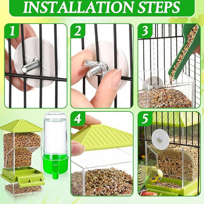 Novabright 7 Pcs No Mess Bird Feeder Water Dispenser Set Include Automatic Parakeet Feeder and Drinker with Bird Paw Grinding Stick Cage Accessories for Small Medium Cockatiel Lovebird(Cute,Green)