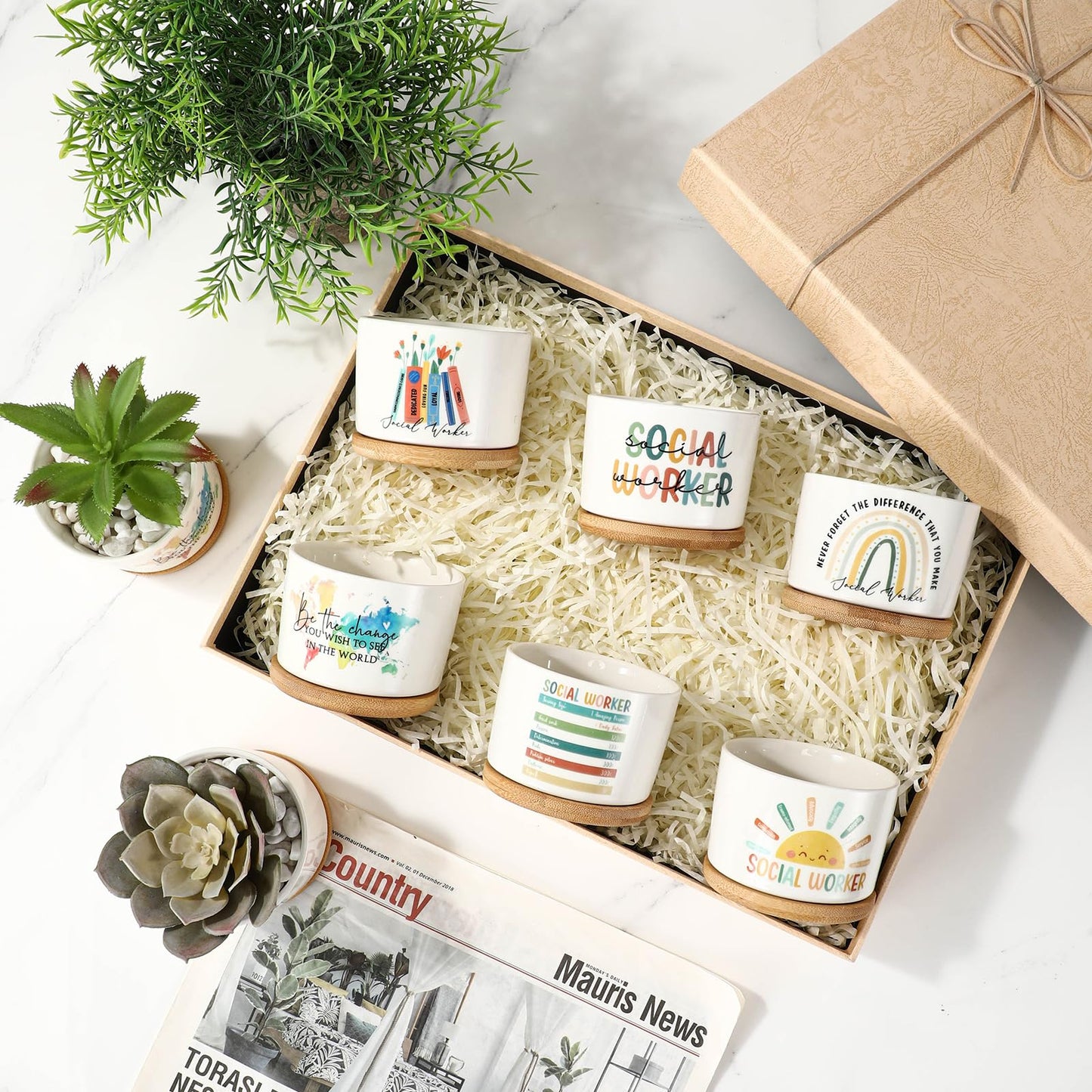 Sieral Thank You Employee Appreciation Gift Succulent Pots,Graduation Gift for Teacher, Ceramic Plant Pot with Bamboo Tray Succulent Planter for Coworker Mentor, Plants Excluded(12 Pcs,Social Worker)