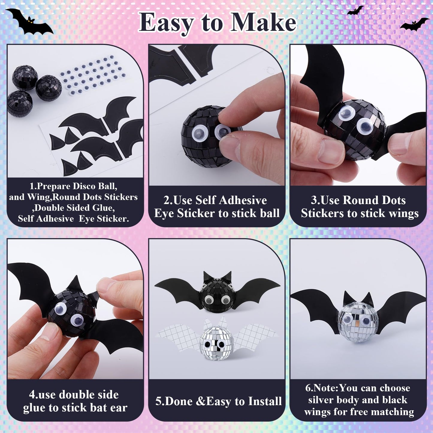 24 Pcs Halloween Disco Bats Halloween Disco Decor DIY Disco Ball for Halloween Party Decor Glitter Disco Ball with Sparkle wing Wiggle Googly Eyes Round Dot Sticker for Halloween DIY Bats