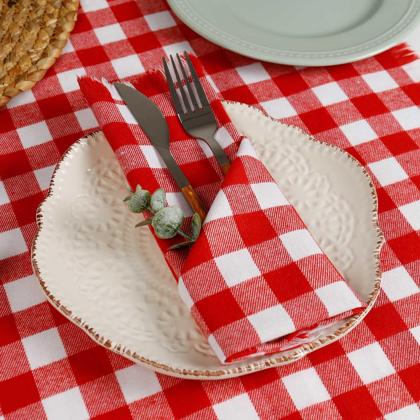 Red White Plaid Cloth Napkins with Fringe Set of 8, Buffalo Checkered Cotton Napkins Washable, Oversized Gingham Napkins, Christmas Dinner Napkins for Wedding, Parties, Thanksgiving, Dinner Decor