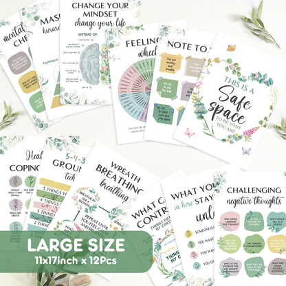 SEOIFUNG 12 Pcs Mental Health Growth Mindset Change Posters Set (11x17") - Safe Space Feelings Wheel Coping Skill Poster for Therapy Counseling Office School Home Wall Decor Counselor Therapist Gifts