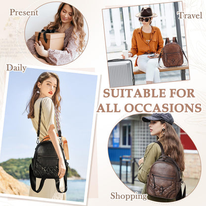 VASCHY Small Backpack Purse for Women, Cute Vegen Leather Mini Backpack for Lady with Guitar Shoulder Bag Handbag Strap Brown