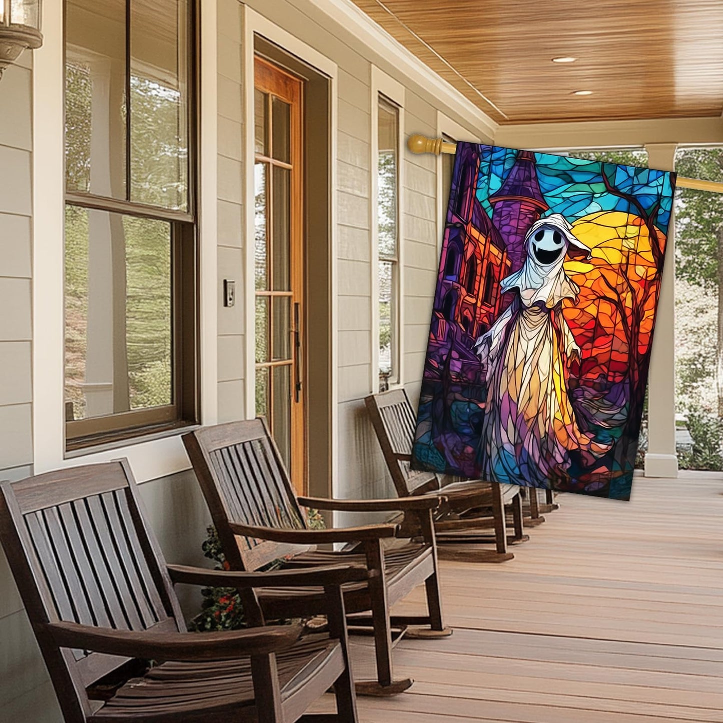 BlissYard Spooky Ghost Halloween House Flag 28 x 40 Inch Double Sided Stained Glass Church Sunset Fall Garden Flag Banner Background for Autumn Porch Yard Outdoor Decor Holiday House Flags
