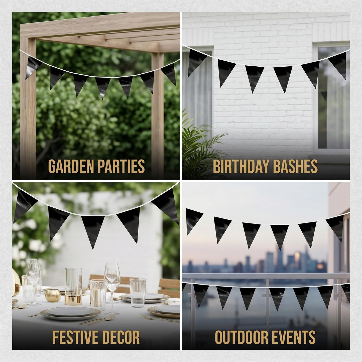 130FT Black Glitter Triangle Pennant Banner Flag Metallic Bunting Fabric Garland for Christmas Graduation Wedding Engagement Bachelorette Holiday Halloween Celebration Valentine's Party Decor