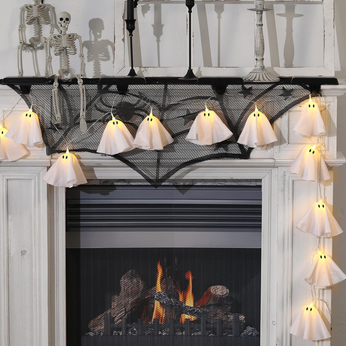 Halloween Decoration-Light Up Ghost Garland-Handmade Ghost Lights Banner for Home Party Fireplace Mantle Windows Decor
