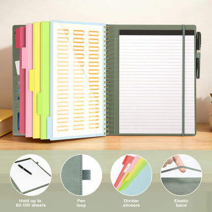 Clipboard with Storage for Men Women, Leather Padfolio Portfolio Organizer 5 Folders with 10 Pockets, Spiral Clipboard Folio with Notepad for Letter Size, Elastic Closure and Pen Loop Sage Green