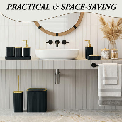 9PC Set Black and Gold Bathroom Accessories Set with Trash Can, Toilet Brush,Soap Dispenser, Q-Tip Holder | Modern Home Bath Essentials (Black and Gold)