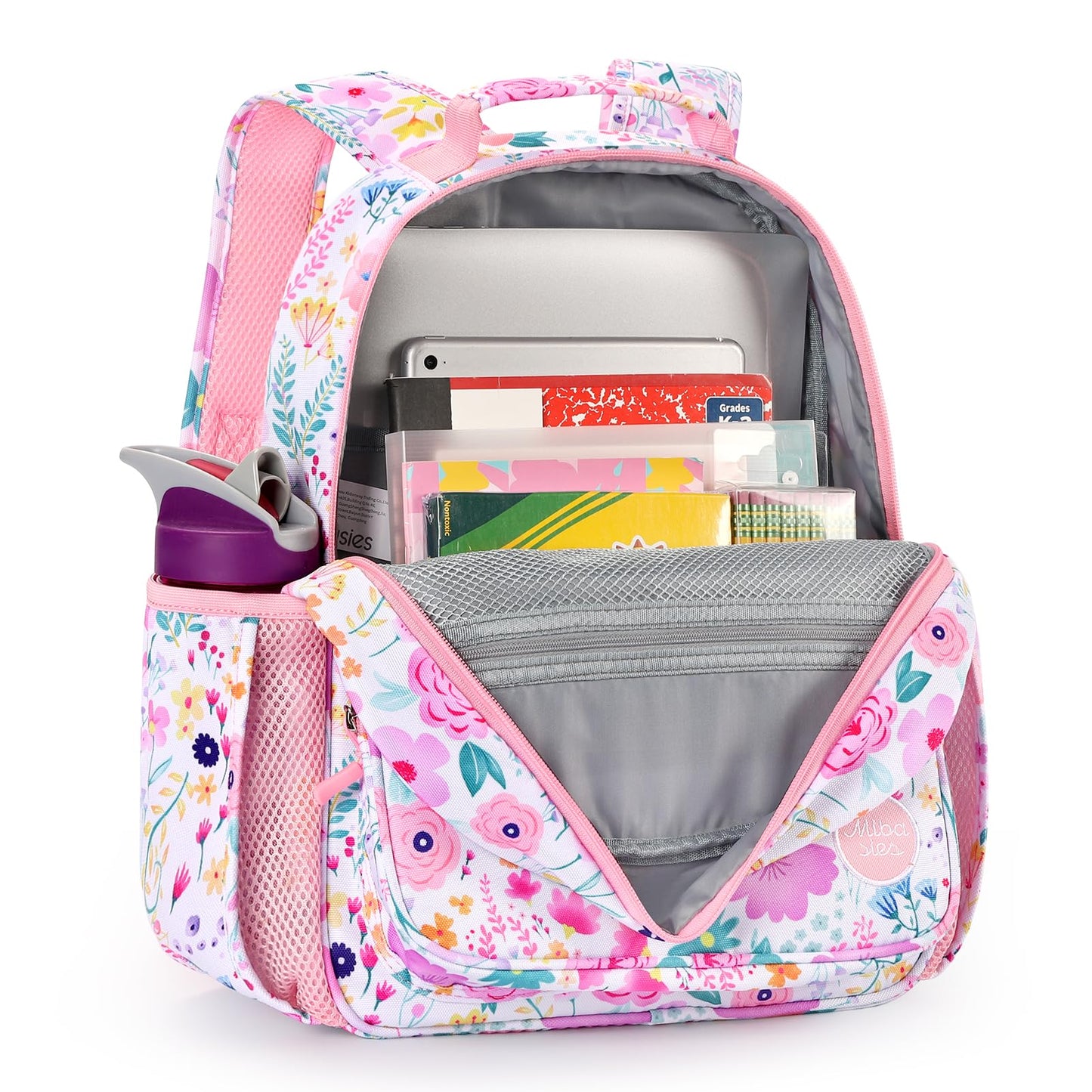 mibasies Kids Backpack for Girls: Girls Backpack 5-8 - Kindergarten Elementary School Bookbag for Girl - Flower Pink