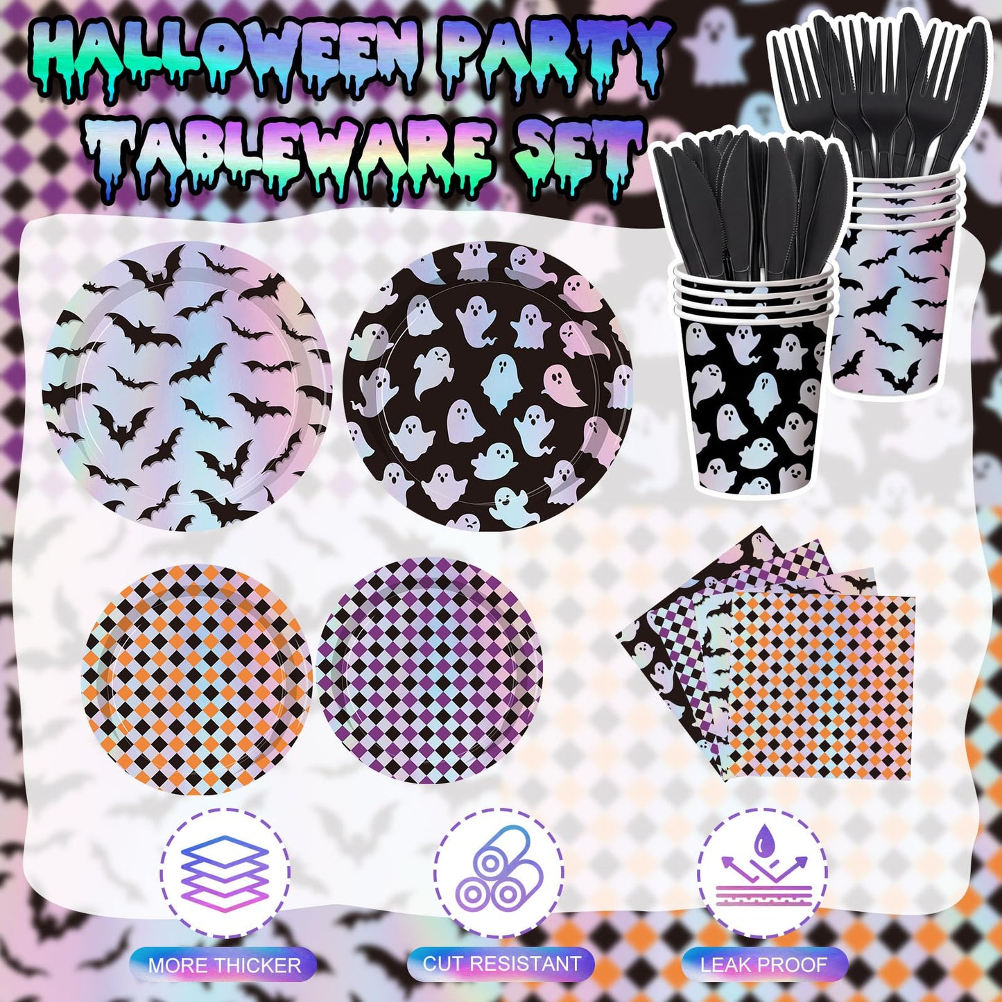 Yungyan 24 Set Summer Halloween Paper Plates and Napkins Cups with Forks and Knives Summer Halloween Disposable Dinnerware Set for Ghost Spooky Boo Birthday Shower Party Decoration(Laser)