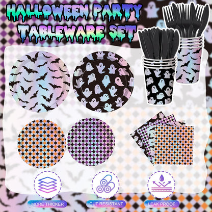 Yungyan 24 Set Summer Halloween Paper Plates and Napkins Cups with Forks and Knives Summer Halloween Disposable Dinnerware Set for Ghost Spooky Boo Birthday Shower Party Decoration(Laser)