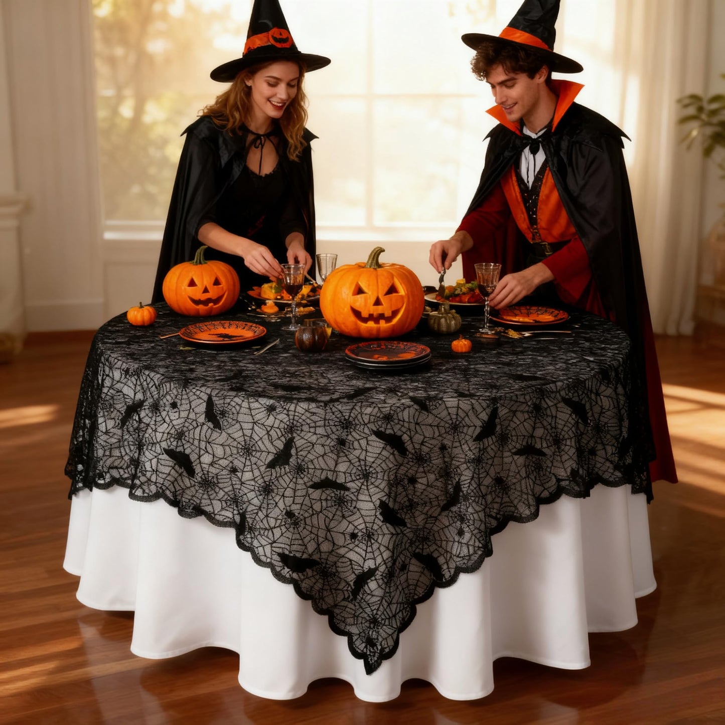 Mluiov Halloween Tablecloth Lace Black Bat Spider Web Decorations Halloween Party Fall Table Cloth Gothic Decor Round Table Cover, 70 Inch