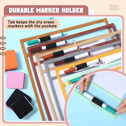 Watersay 24 Pcs Dry Erase Pocket Reusable Sleeves 10" x 14" Clear Plastic Sheet Protectors with Markers and Mini Dry Erasers for Paper (Retro Boho)