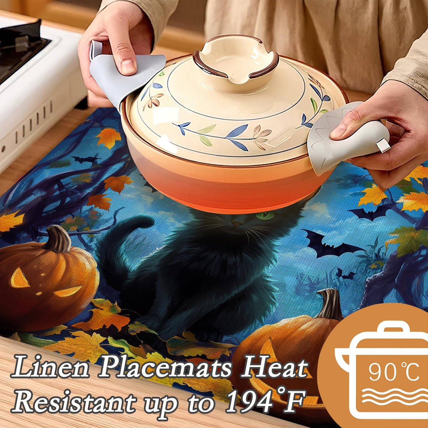 Black Cat Placemats Set of 6,Halloween Pumpkin Heat Resistant Non Slip Table Mats,Washable Wipe Clean Dining Placemats 12 x 18 Inches
