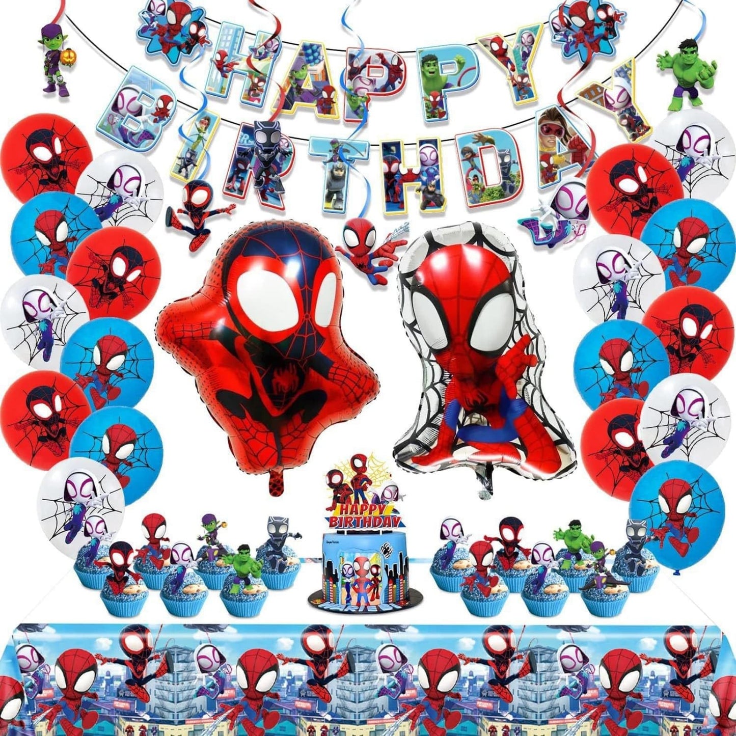 53pcs Spider Birthday Decorations Supplies, Spider Decorations - Cartoon Party Favors with Party Balloons, Foil Balloons, Banner, Cake Topper, Cupcake Toppers, Hanging Swirls & Tablecloth