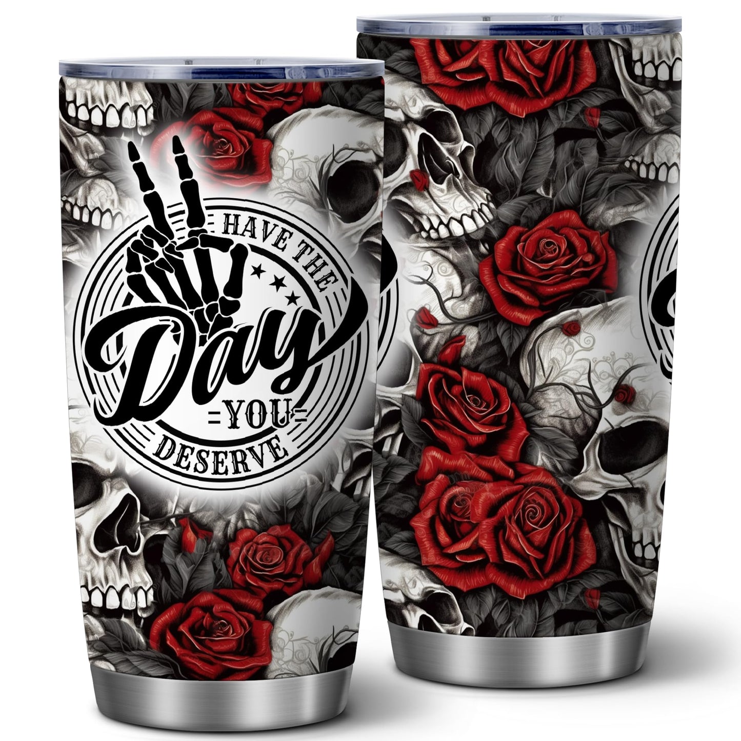 Equoza Skull and Rose 20oz Stainless Steel Tumbler with Lid, Halloween Gothic Finger Skeleton Hand Cup, Double Wall Insulated Travel Coffee Mug, Funny Dark Gift for Men and Women