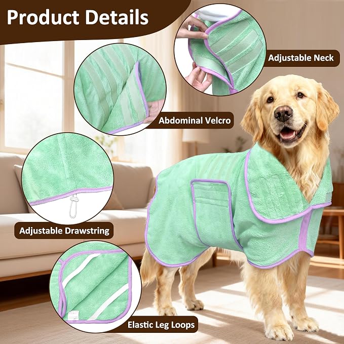 Soft Dog Bathrobe Fast Drying Dog Coat, Super Absorbent Dog Towels for After Bath, Microfiber Pet Robe Adjustable Collar & Belly Warm Keeping Dogs Coat for Pet Dogs & Cats (Green, XX-Large)