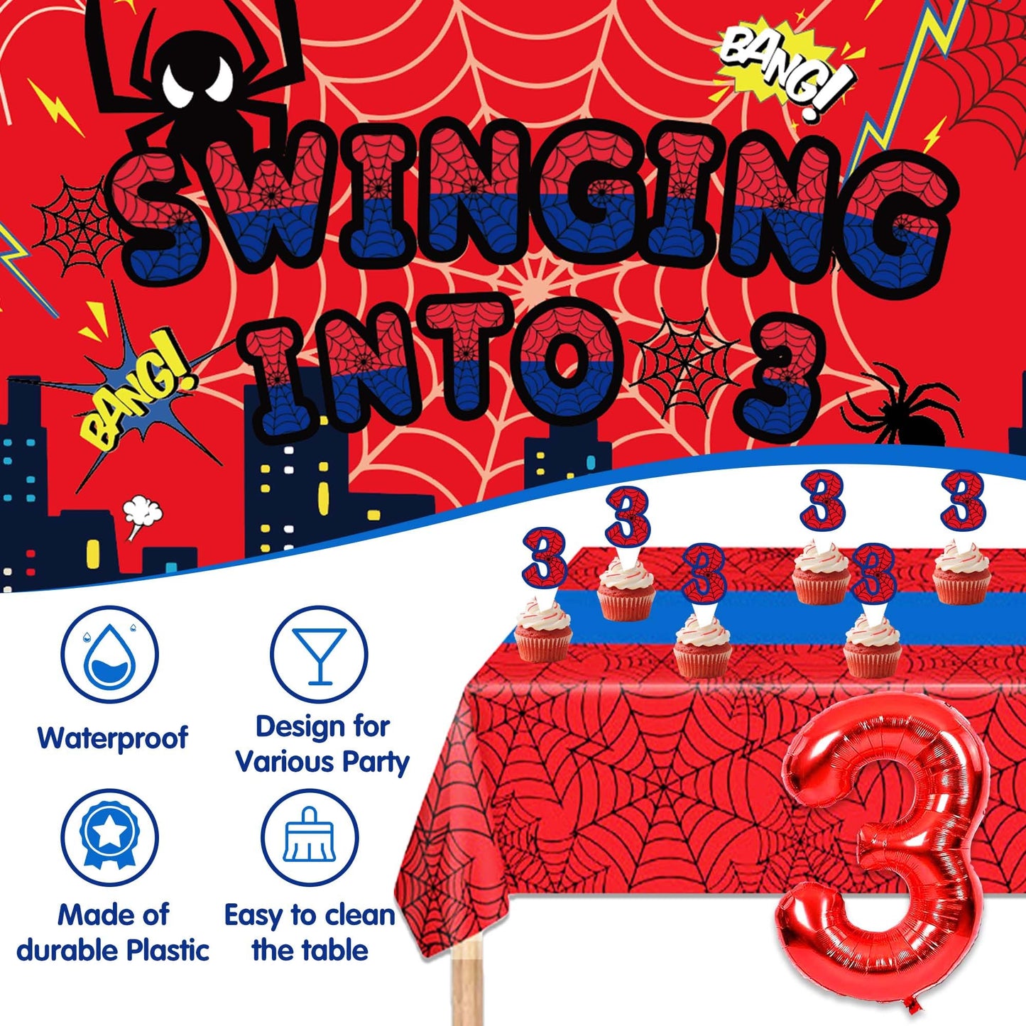 3rd Red Spider Web Birthday Party Decorations For Boy, 3rd Birthday Backdrop Tablecloth Fringe Curtain Balloon Arch,Cake Topper Party Supplies