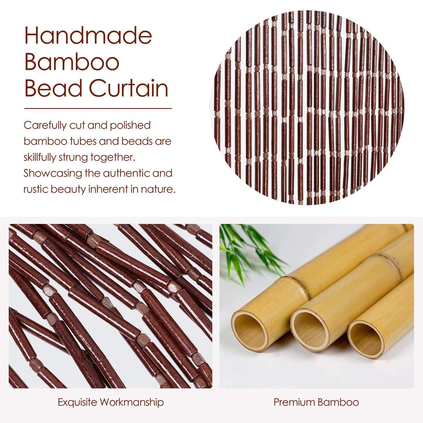 BECHAEO Handmade Bamboo Beaded Curtain for Doorway 65 Strands Hanging Door Beads Curtain for Hallway Window Closet Boho Rustic Hippie Home Store Decor, 35.5 x 75 Inches Coffee