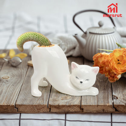 Cute Cat Planter Pot Indoor Flower Vase, Kitty Sloth Plant Holder Butt Shaped, Unique Tailless Succulent Ceramic Animal Display, Ceramic Bonsai Gift, Lovely Office Desk Living Room Home Outdoor Decor