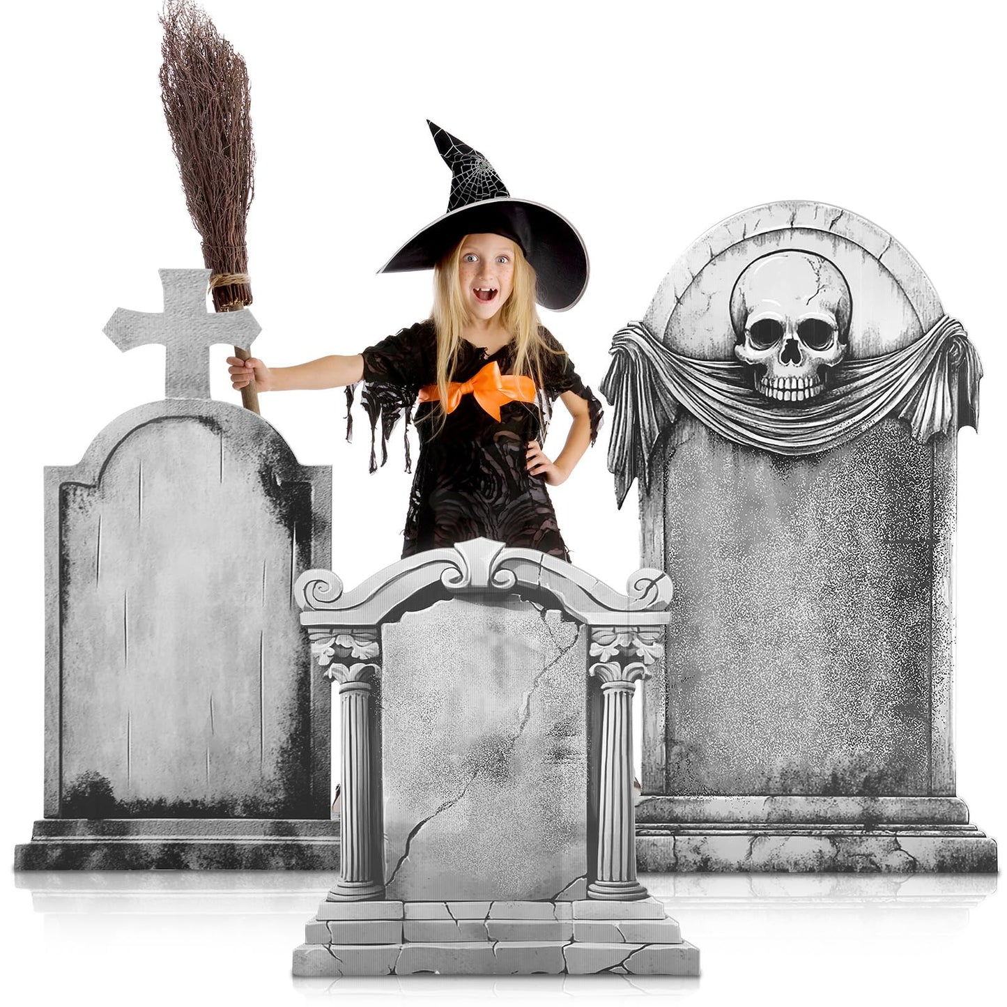 Leinuosen 3 Pcs 28"-48" Halloween Party Spooky Scenes Decoration Tombstone Cardboard Cutout Stand-up Spooky Tombstone Backdrop Photo Prop Standup Cutout for Halloween Party Yard Graveyard Decor Supply