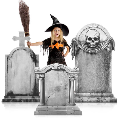 Leinuosen 3 Pcs 28"-48" Halloween Party Spooky Scenes Decoration Tombstone Cardboard Cutout Stand-up Spooky Tombstone Backdrop Photo Prop Standup Cutout for Halloween Party Yard Graveyard Decor Supply