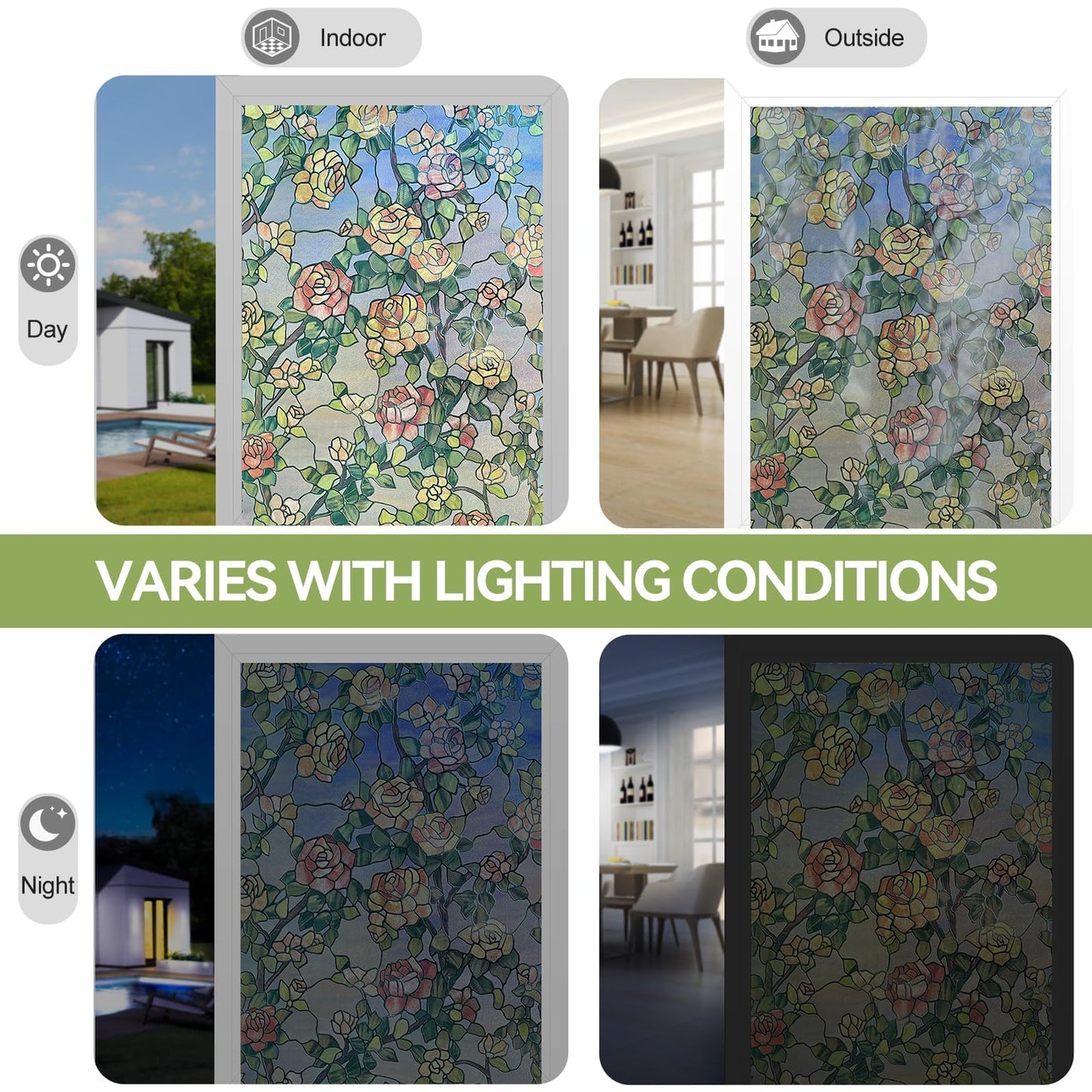 ADD.HERES Stained Glass Window Film, 3D Decorative Window Privacy Film for Bathroom,Front Door,Home, Sun Blocking Heat Control,Static Cling, The Beast's Rose 17.3inch x 47.2inch