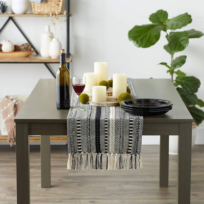 DII Farmhouse Braided Stripe Table Runner Collection, 15x72 (15x77, Fringe Included), Black