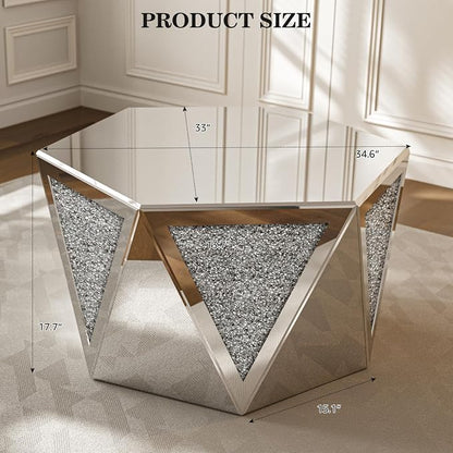 IKIFLY Mirrored Coffee Table with Crushed Diamond, Luxury Hexagon Silver Coffee Table, Living Room Table for Art Deco Office