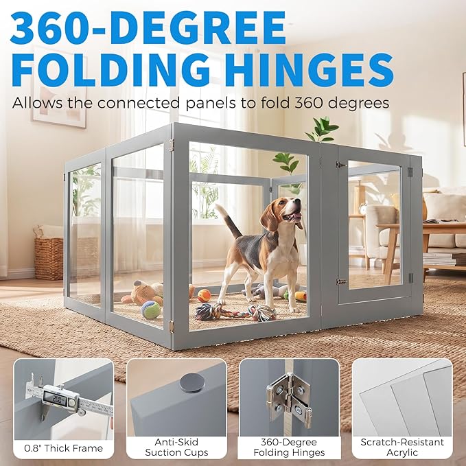Heavy Duty Clear Acrylic Dog Playpen for Small/Medium Pets – 32" High Clear Pet Pen with Sturdy Metal Frame, Walk-in Kennel, Expandable Indoor & Outdoor Pet Play Yard (Grey, 8 Panels Including Door)