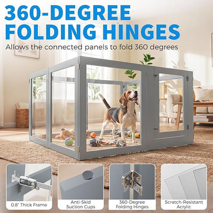 Heavy Duty Clear Acrylic Dog Playpen for Small/Medium Pets – 32" High Clear Pet Pen with Sturdy Metal Frame, Walk-in Kennel, Expandable Indoor & Outdoor Pet Play Yard (Grey, 8 Panels Including Door)