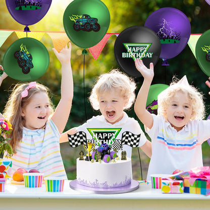 Haooryx Monster Truck Cake Topper - 40Pcs Green and Purple Monster Truck Cake Decoration Racing Car Dessert Cupcake Topper for Kid Boy Birthday Truck Theme Party Baby Shower Table Decoration Supply