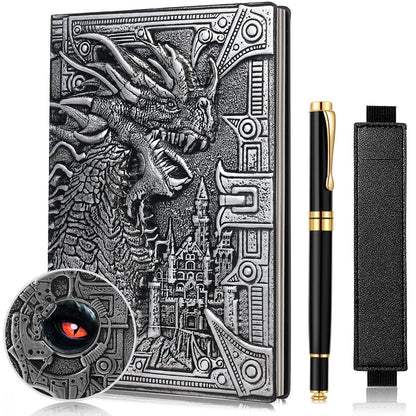 Vintage Dragon Embossed Leather Notebook DND Notebook Travel Journal with Black Ballpoint Pen and Pen Sleeve.Antique Handmade A5 Journal,Hardcover Liner,Writing Notebook Gift for Men&Women(Silver)