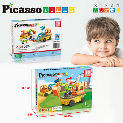 PicassoTiles Magnet Tiles Building Block 2-in-1 Excavator & Backhoe Brick Compatible Construction Playset with Car Base Magnetic Character Action Figure STEM Educational Learning Toy Kit Age 3+ PTU04