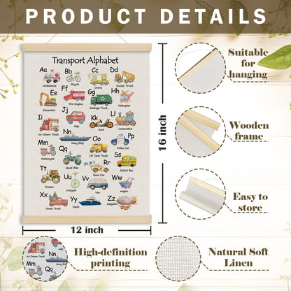 MOTERMATE Transport Abc Alphabet Wall Art Poster Chart, Playroom Decor, Learning Educational Canvas Poster Hanger Frame for Toddlers Classroom, Alphabet Car Themed Wall Hanging Banner Decor, 12x16Inch