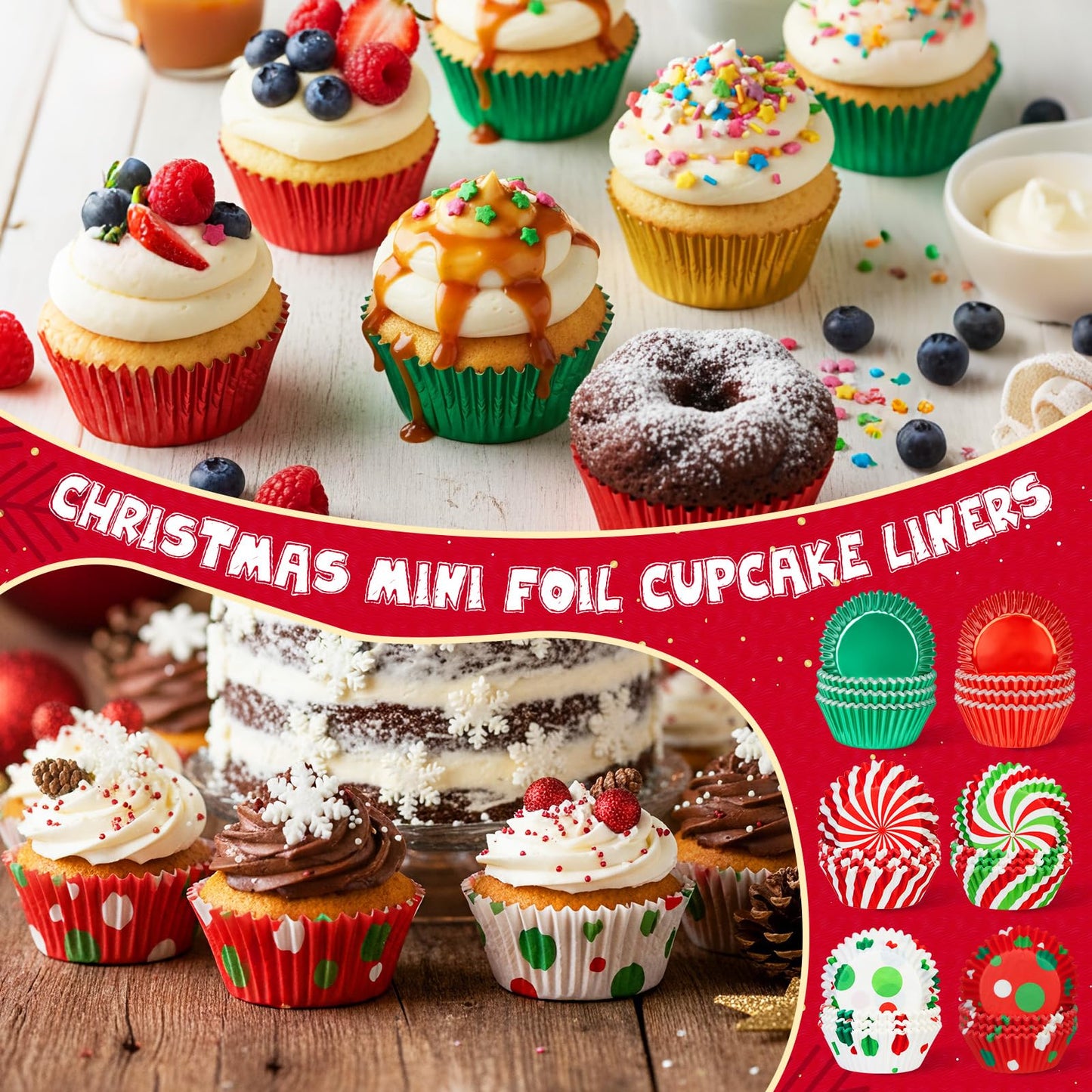 YooNotee 1000pcs Christmas Cupcake Liners Foil Baking Cups Muffin Cupcakes Wrappers Disposable Chocolate Cake Wrap Making Supplies for Holiday Xmas Party Supplies Decorations