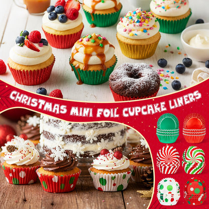 YooNotee 1000pcs Christmas Cupcake Liners Foil Baking Cups Muffin Cupcakes Wrappers Disposable Chocolate Cake Wrap Making Supplies for Holiday Xmas Party Supplies Decorations
