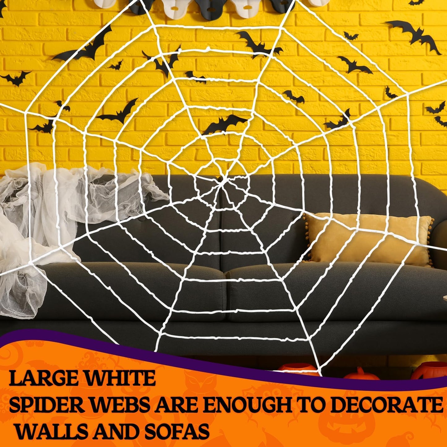 1.5M 2.5M 3.3M Spider Web 3 Pieces Large Halloween White Spider Web Decoration Scary Realistic Spider Web Rope Props with Elastic Rope for Halloween Yard Room Wall Window Door Haunted House Decoration