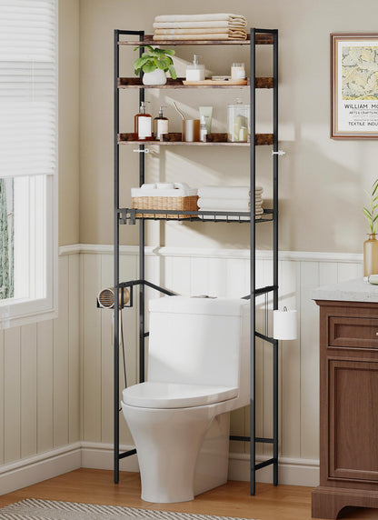 Quikraen 4 Tier Over The Toilet Storage Shelf with 3 Adjustable Shelves, Space Saver Bathroom Organizer with 4 Hooks, Freestanding Above Toilet Rack for Restroom Laundry (Brown)
