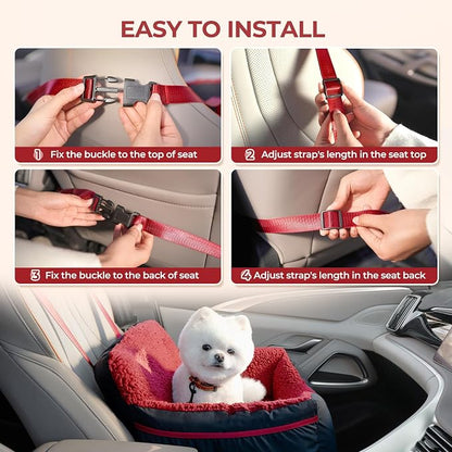 BurgeonNest Dog Car Seat for Small Dogs, Detachable and Washable Cat Carseats Under 25 lbs, Soft Pet Booster Seats with Storage Pockets and Clip-On Leash Portable Car Travel Carrier Bed, Black red