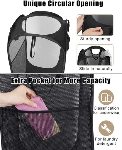 HOUSE AGAIN Mesh Popup Laundry Hamper, [Reinforced] Collapsible Laundry Basket, Foldable Pop Up Hamper with Durable Handles, Easy to Open and Fold for Dorm, Laundry Room, Bedroom, Travel, (Black)