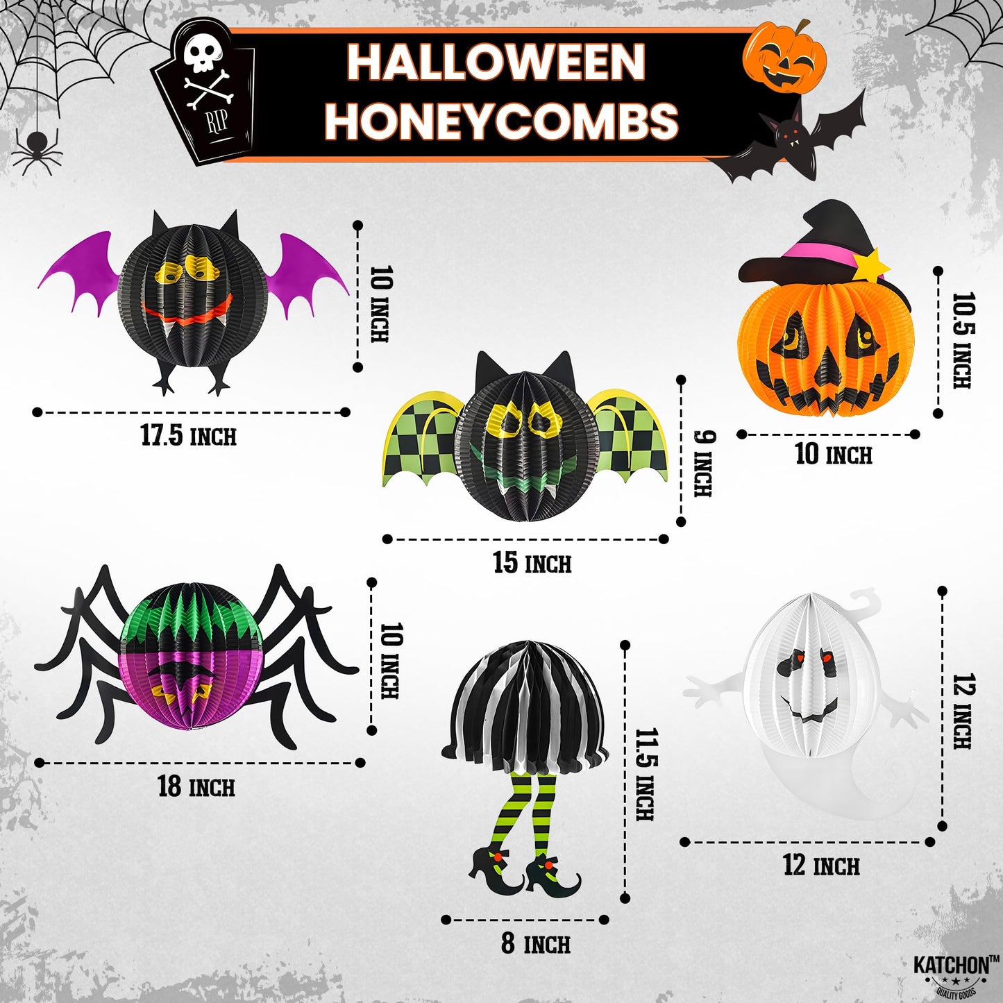 KatchOn, Hanging Halloween Decorations - Pack of 6 | Hanging Halloween Honeycombs for Halloween Ceiling Decorations | Halloween Hanging Bats, Pumpkin, Spider for Scary Halloween Decorations Indoor