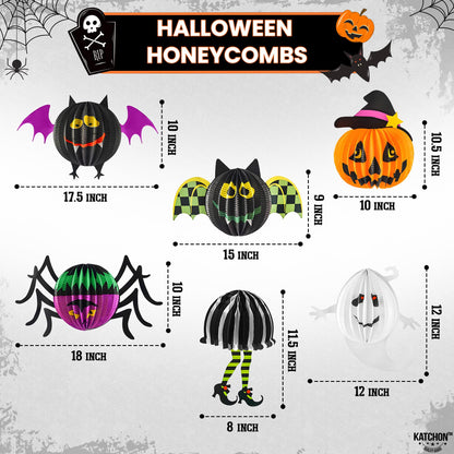 KatchOn, Hanging Halloween Decorations - Pack of 6 | Hanging Halloween Honeycombs for Halloween Ceiling Decorations | Halloween Hanging Bats, Pumpkin, Spider for Scary Halloween Decorations Indoor