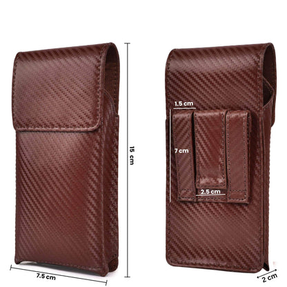 LEATHER VILLAGE Carbon Fiber Genuine Leather Phone Holster with Belt Clip - Compatible with iPhone 16, 16 Pro, 15, 15 Pro, 14, 14 Pro, 13, 13 Pro, 12, 12 Pro, 11, Galaxy S25, S24, S23 - Brown - M