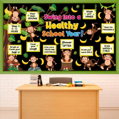 gisgfim Monkey Health Bulletin Board Set Healthy Habits Classroom Decoration Jungle Animal Paper Cutouts for Back to School Swing Into a Healthy School Year Tree Wall Chalkboard Decor Teacher Supply